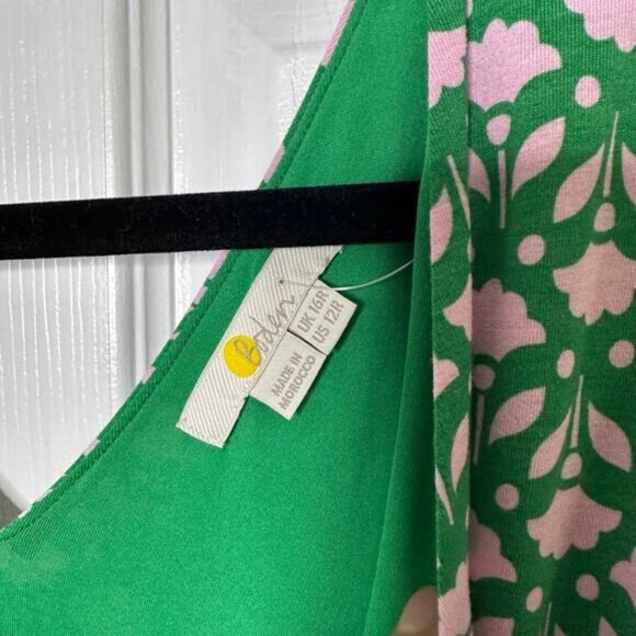 Boden US 12R/UK 16R Long Sleeve Knit Green Pink Floral Midi Dress Waist Tie - Picture 2 of 8